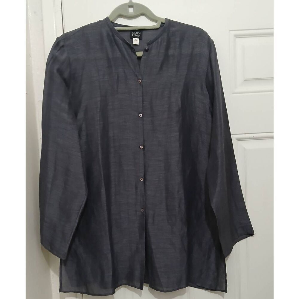 Eileen fisher womens small blouse shirt silk linen sheer lightweight blue